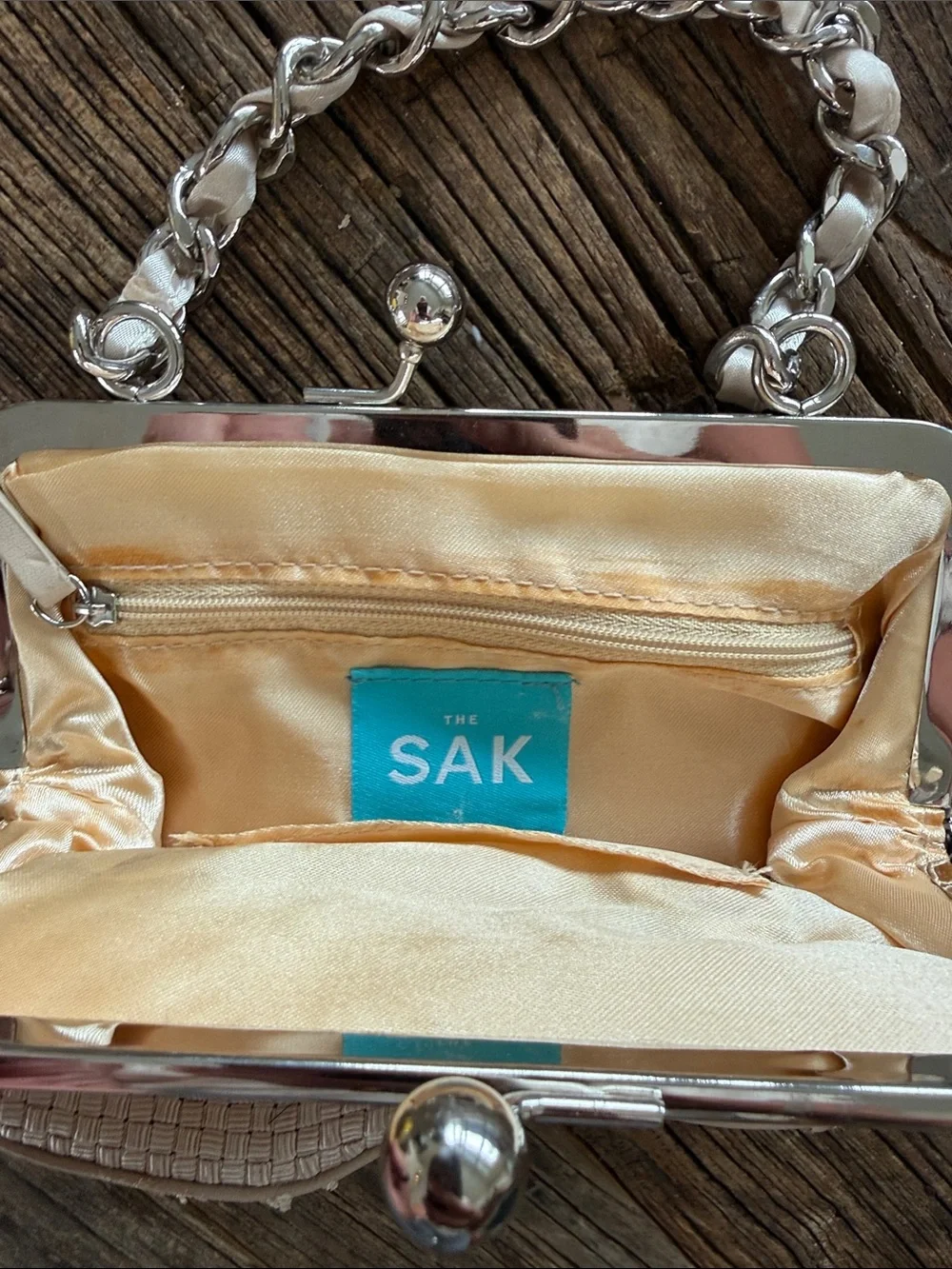 The Sak Cream Woven Frame-Top Evening Bag